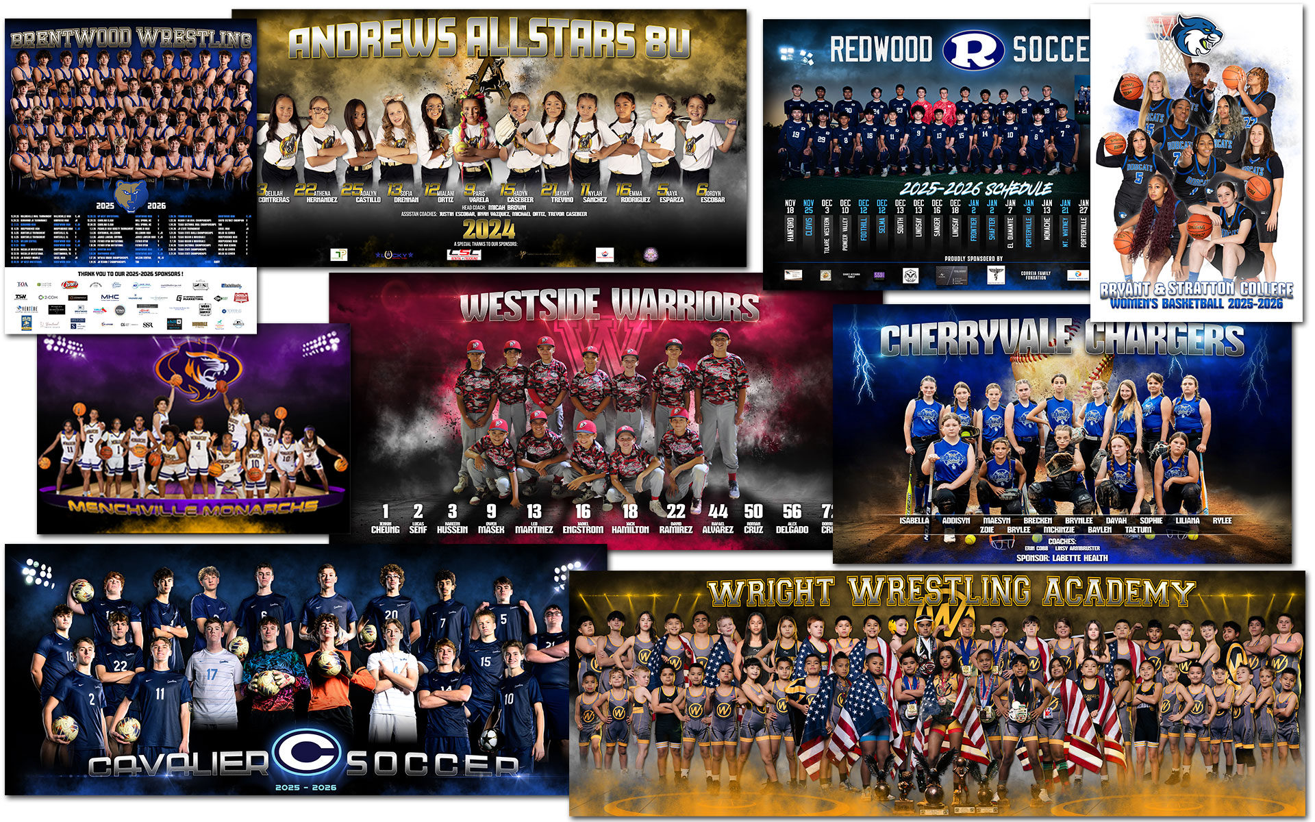 Collage of sports posters banners and memory mates designed for photographers and schools