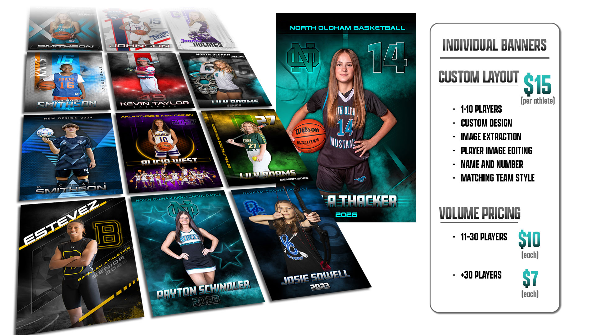 Collage of sports posters banners and memory mates designed for photographers and schools
