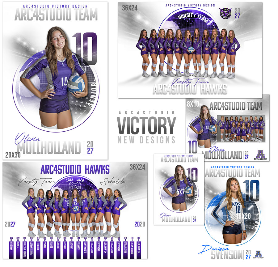 Complete VICTORY Volleyball Photoshop template series for school and sports photography